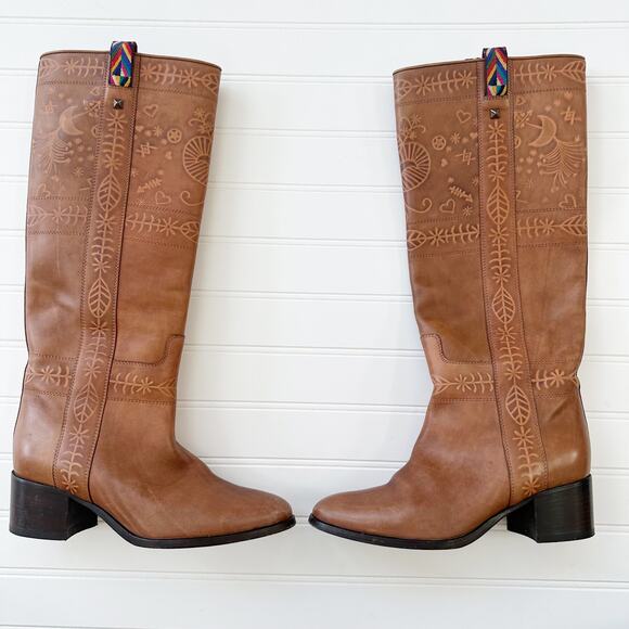 Valentino Santeria Brown Leather Riding Boots Embossed Western Knee High 36 - Picture 3 of 12